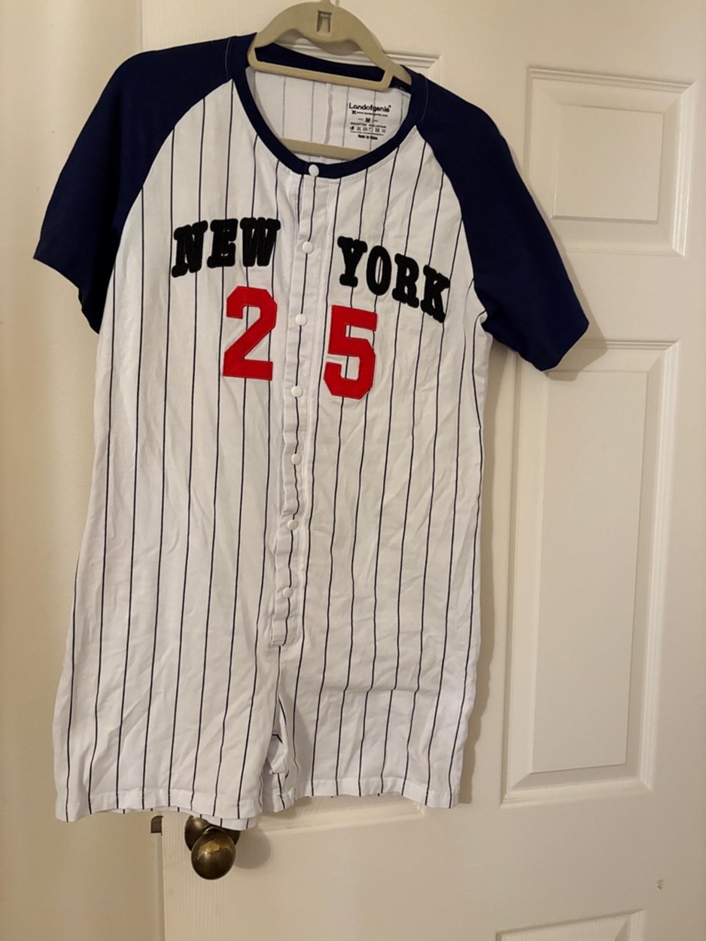 Land of X Logo Baseball-Style Romper in White and Navy with Red Applique